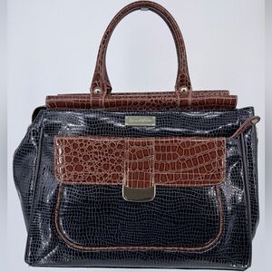 Samantha Brown Croco Embossed Navy Blue & Brown Satchel Tote Weekender Bag